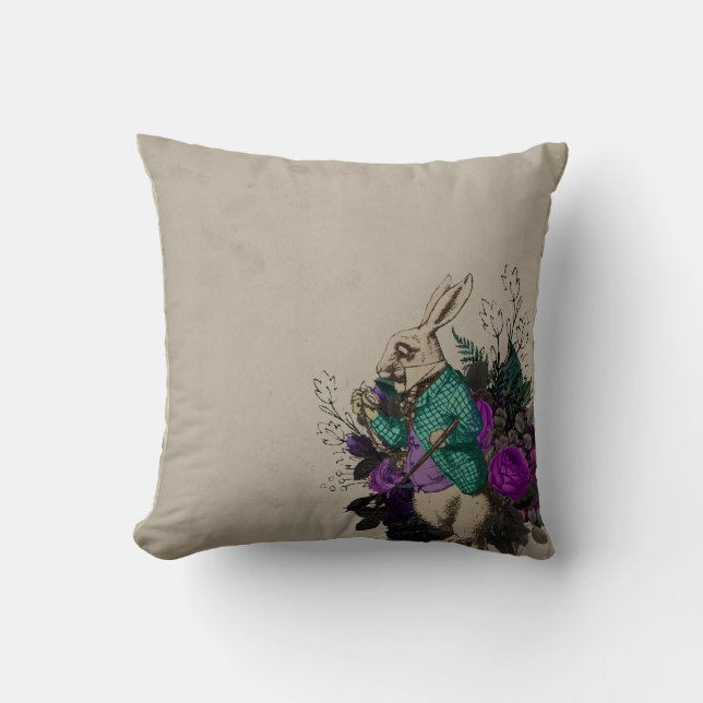 Purple Floral White Rabbit Alice in Wonderland Throw Pillow (Front)