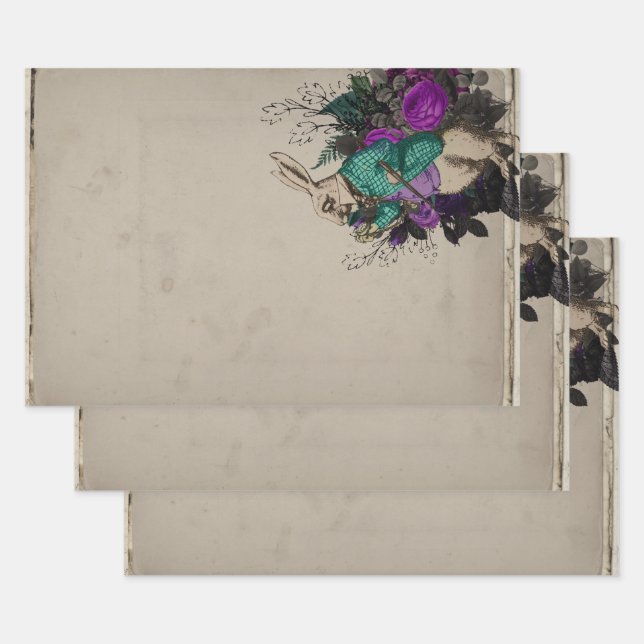Purple Floral White Rabbit Alice in Wonderland Wrapping Paper Sheet (Set)