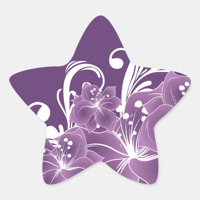 Purple Floral White Scrolls Star Sticker (Front)