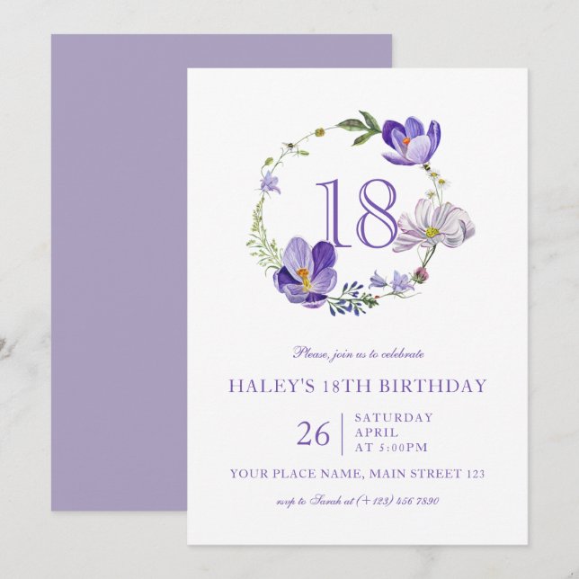 Purple Floral Wildflower Elegant 18th Birthday Invitation (Front/Back)