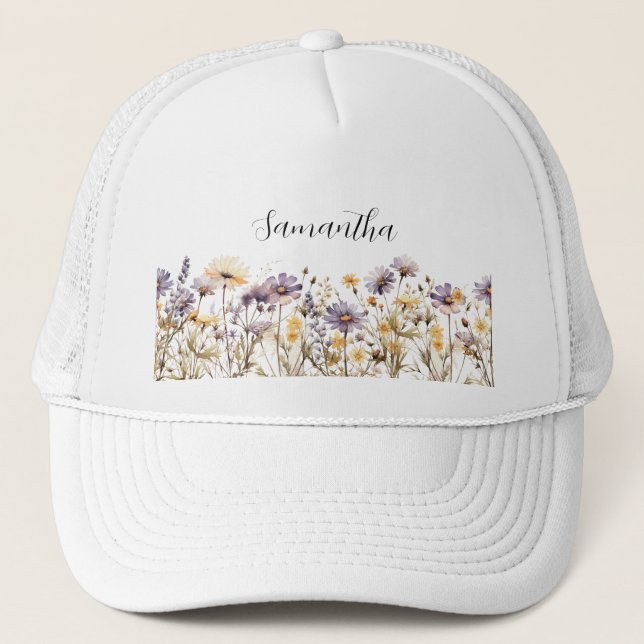 Purple Floral Wildflower Name  Trucker Hat (Front)