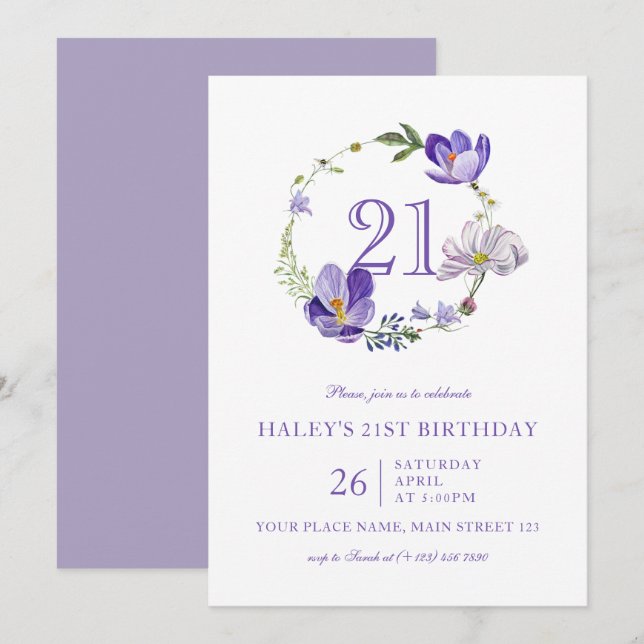 Purple Floral Wildflower Vintage 21st Birthday Invitation (Front/Back)