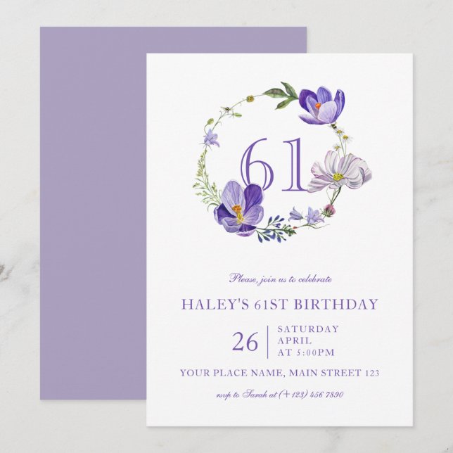 Purple Floral Wildflower Vintage 61ST Birthday Invitation (Front/Back)