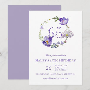 Purple Floral Wildflower Vintage 65TH Birthday Invitation