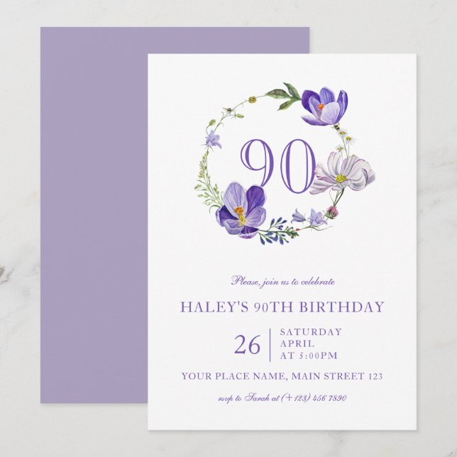 Purple Floral Wildflower Vintage 90TH Birthday Invitation (Front/Back)
