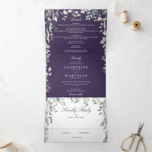 Purple Floral Wildflowers Monogram Photo Wedding Tri-Fold Invitation