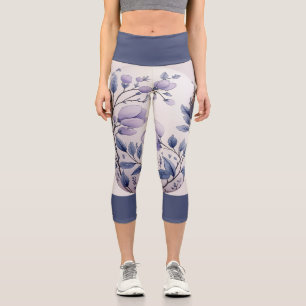 Purple Floral  With Dark Purple Band Capri Leggings
