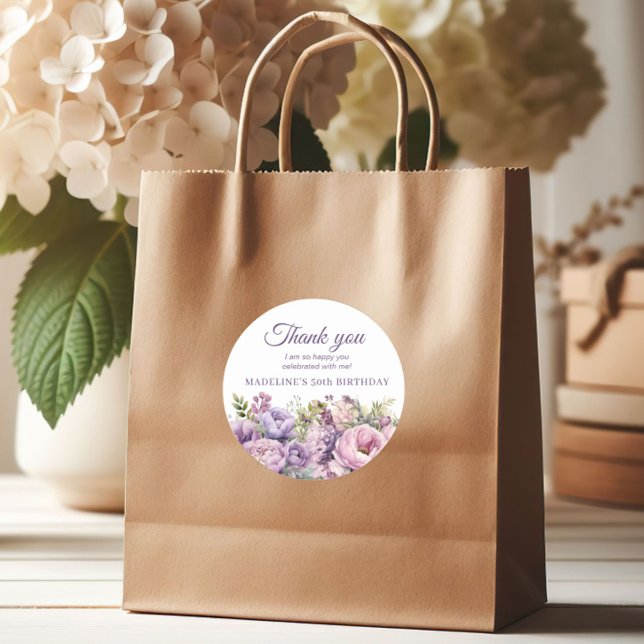 Purple Floral Women's Birthday Thank You Classic Round Sticker (Purple floral birthday party thank you sticker)