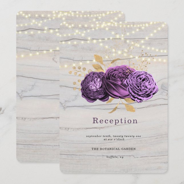 Purple Floral Wood Of String Lights Reception Invitation (Front/Back)