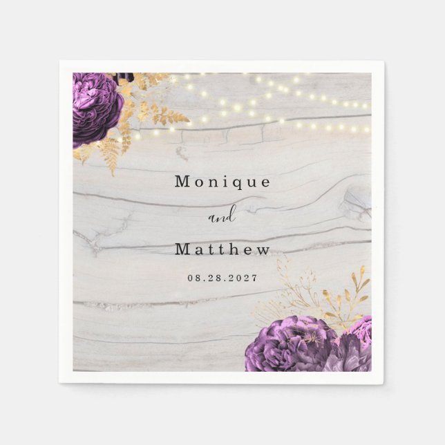 Purple Floral Wood String Of Lights Wedding  Napki Napkin (Front)