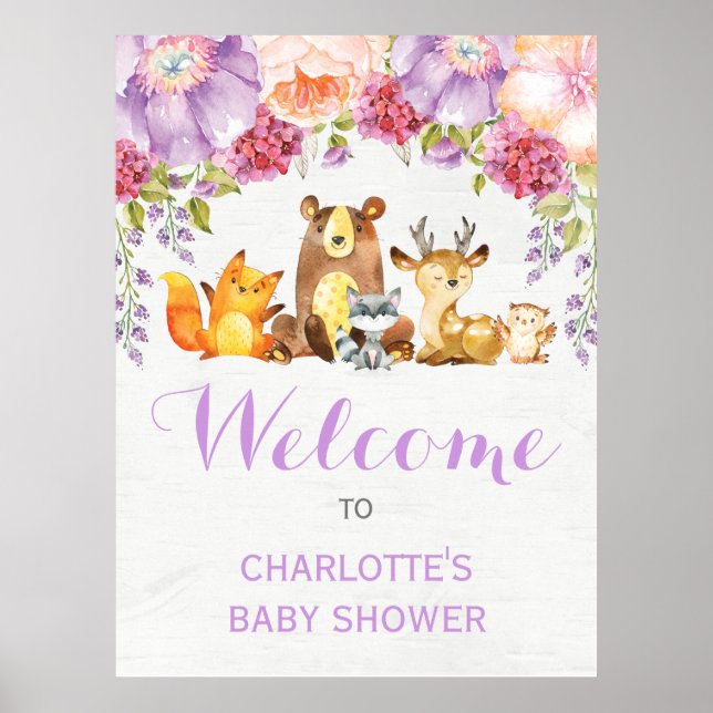 Purple Floral Woodland Forest Animals Baby Girl Poster (Front)