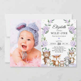 Purple Floral Woodland Wild One Birthday Party Invitation