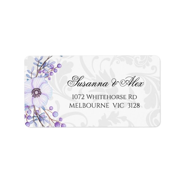 Purple Floral Wreath and Damask Wedding Label (Front)