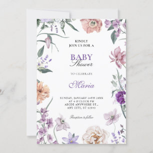 Purple floral wreath baby shower invitation