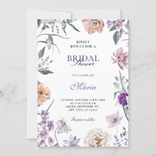 Purple floral wreath bridal shower invitation