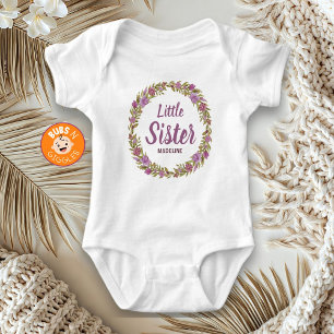 Purple Floral Wreath Little Sister Name Baby Bodysuit