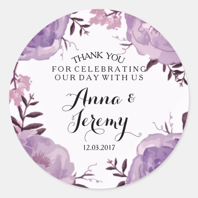 Purple Floral Wreath Wedding Sticker (Front)