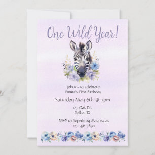 Purple Floral Zebra Birthday Invitation