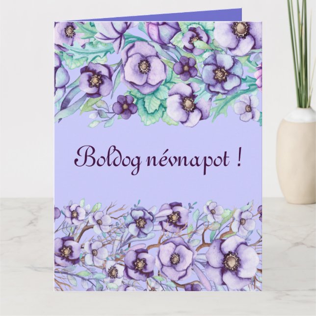 Purple florals - Hungarian name day Card (Front)