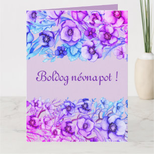 Purple florals - Hungarian name day Custom Message Card
