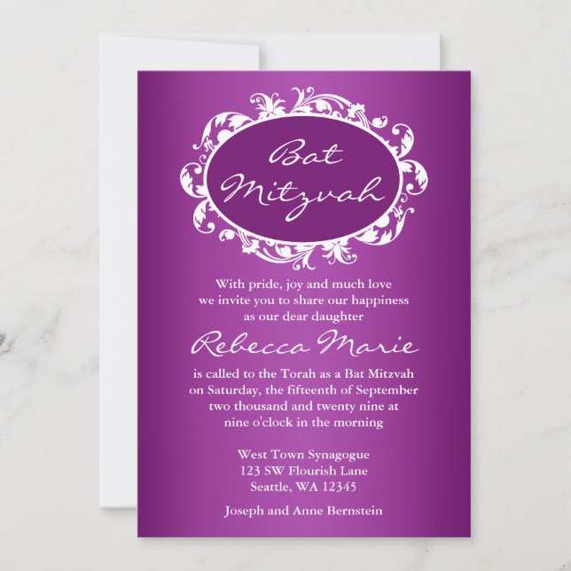 Purple Flourish Swirl Frame Bat Mitzvah Invitation (Front)