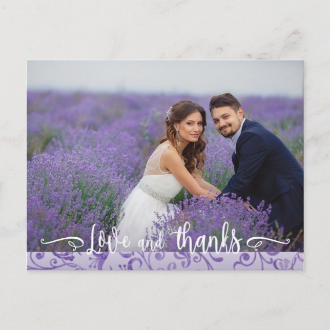 Purple Flourishes Wedding Photo Thank You Postcard (Front)