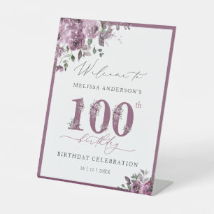 Purple Flower 100th Birthday Welcome Pedestal Sign