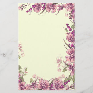 Purple Flower and Berries Border Decor Stationery