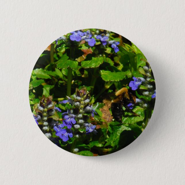 Purple Flower and Bumble Bee 2 Inch Round Button (Front)
