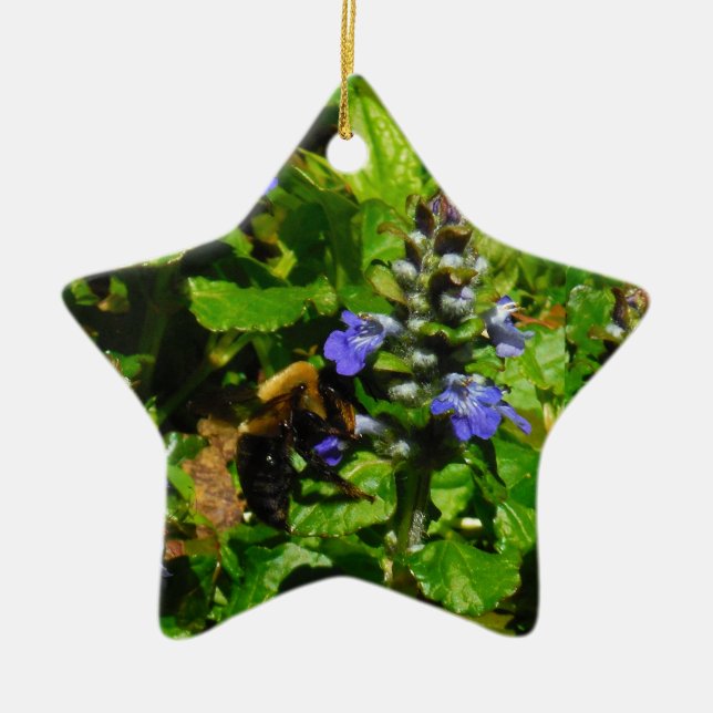 Purple Flower and Bumble Bee Ceramic Ornament (Front)