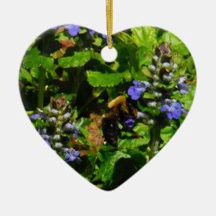Purple Flower and Bumble Bee Ceramic Ornament