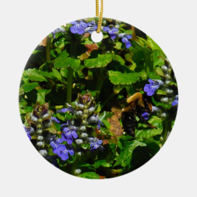 Purple Flower and Bumble Bee Ceramic Ornament (Front)