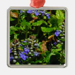 Purple Flower and Bumble Bee Metal Ornament