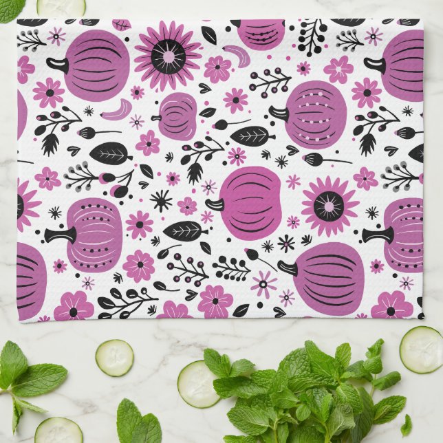 Purple flower and cute pumpkin pattern kitchen towel (Folded)