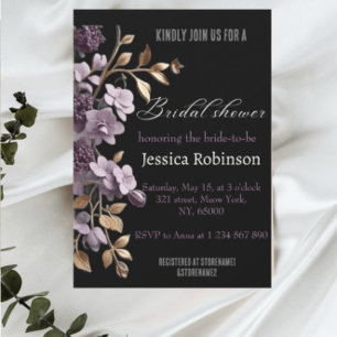 "purple flower and gold leaf bridal shower"  invitation