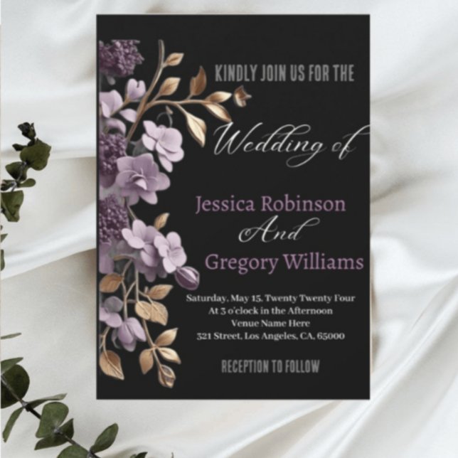 "purple flower and gold leaf weeding invitation" invitation (Creator Uploaded)