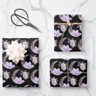Purple Flower and Moon Wrapping Paper Sheets