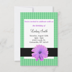 Purple Flower Black Ribbon Birthday Invitation