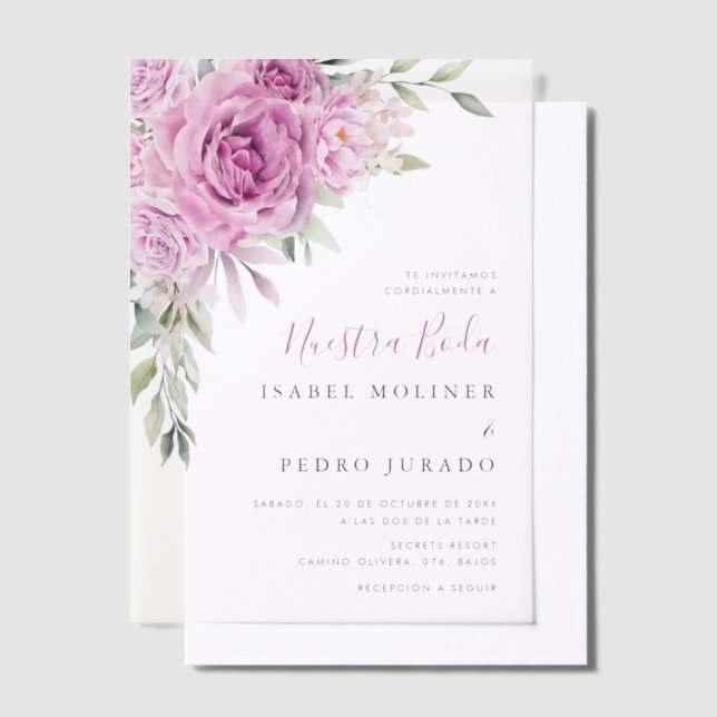Purple Flower Bouquet Nuestra Boda Spanish Wedding Vellum Invitations (Offset)