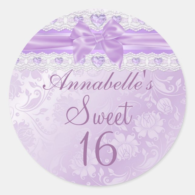 Purple Flower & Bow Sweet 16 Sticker (Front)