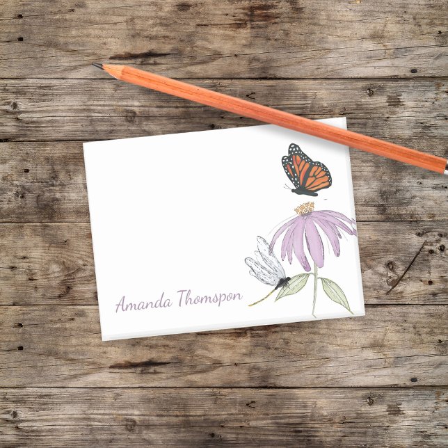 Purple Flower Butterfly and Dragonfly Custom Post-it Notes (Botanical garden post it notes with purple cone flower, butterfly, and dragonfly)