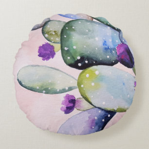 Purple Flower Cactus (Nopal) Round Pillow