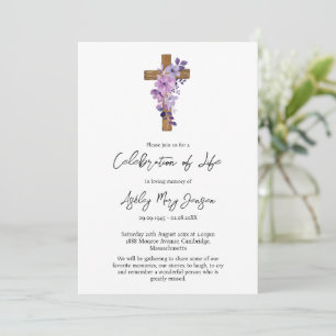 Purple flower cross Celebration of Life Funeral Invitation