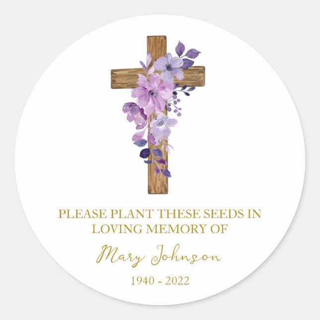 Purple Flower Cross Memorial Funeral Seed Packet Classic Round Sticker (Front)