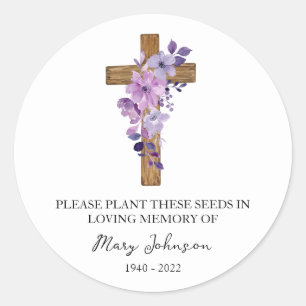 Purple Flower Cross Memorial Funeral Seed Packet Classic Round Sticker