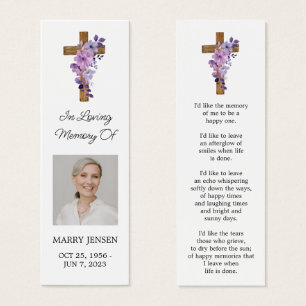 Purple flower Cross Photo Funeral Bookmark