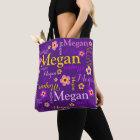 Purple flower custom name Megan art tote bag