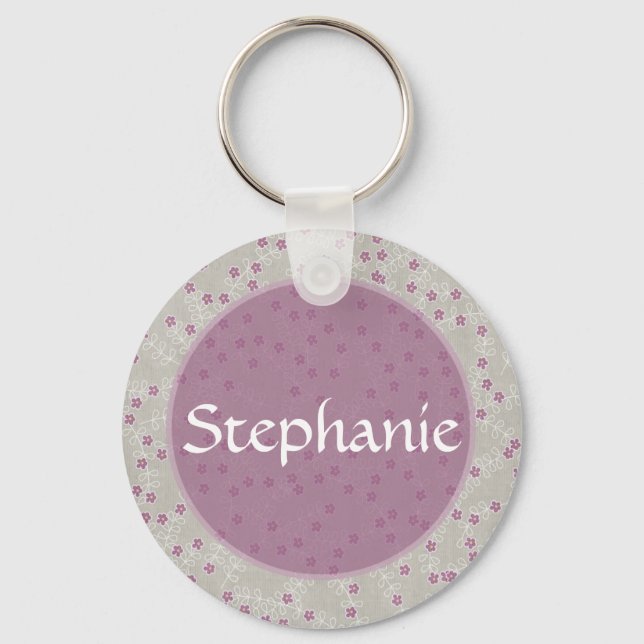 Purple Flower Customizable Name Button Keychain (Front)