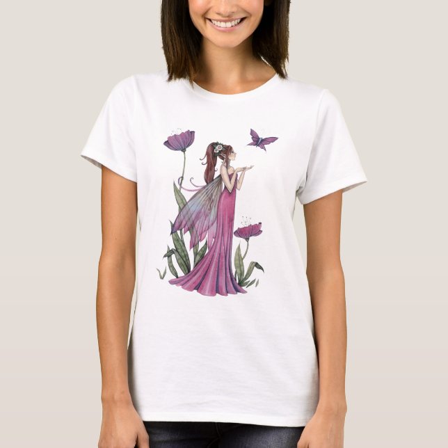 Purple Flower Fairy and Butterfly Fantasy Art T-Shirt (Front)
