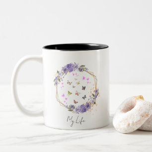 Purple Flower Floral Butterflies Patterns My Life  Two-Tone Coffee Mug